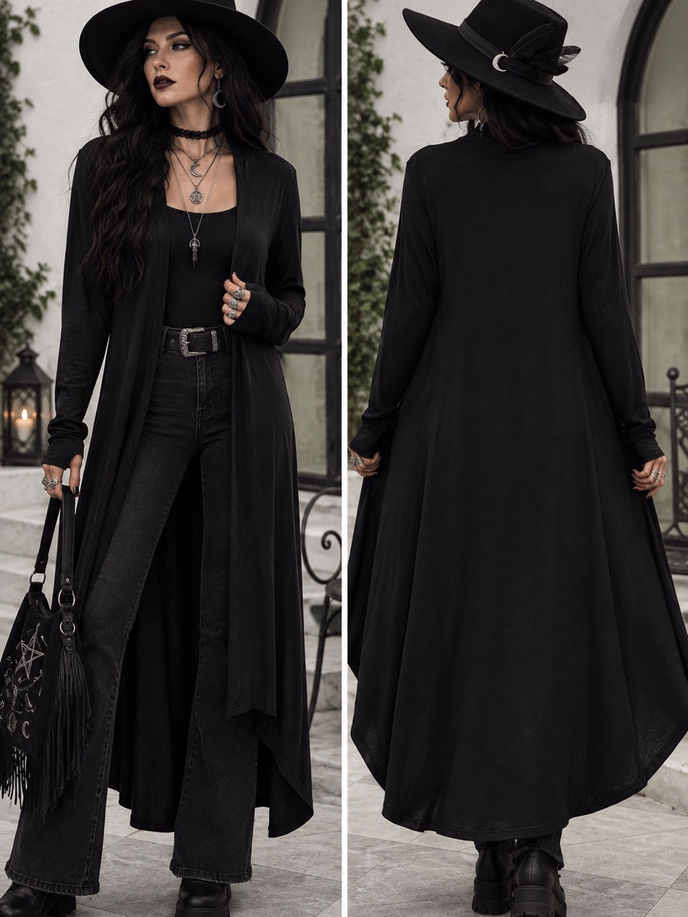 Long Black Duster Cardigan - Witchy Gothic Chic
